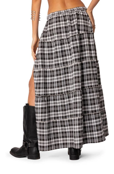 Edikted Women's Plaid Side Slit Tiered Maxi Skirt In Black-and-white