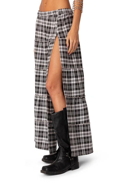 Edikted Women's Plaid Side Slit Tiered Maxi Skirt In Black-and-white