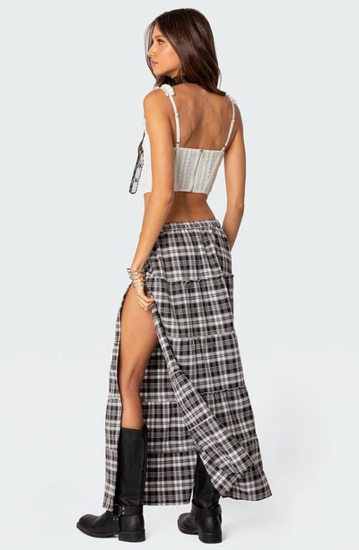 Edikted Women's Plaid Side Slit Tiered Maxi Skirt In Black-and-white