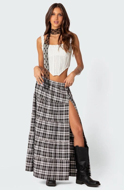Edikted Women's Plaid Side Slit Tiered Maxi Skirt In Black-and-white