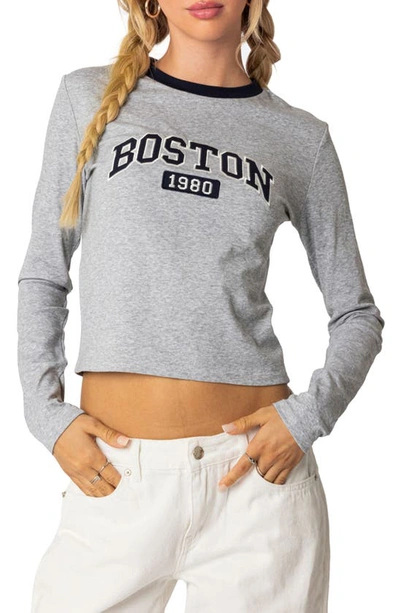 Shop Edikted Boston Long Sleeve T-shirt In Gray-melange