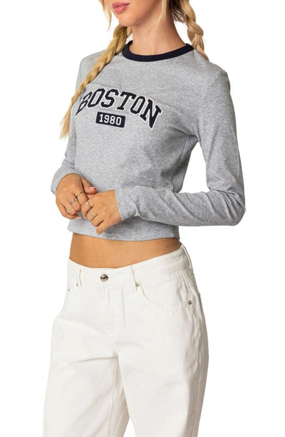 Shop Edikted Boston Long Sleeve T-shirt In Gray-melange