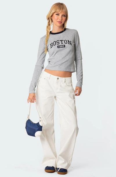 Shop Edikted Boston Long Sleeve T-shirt In Gray-melange