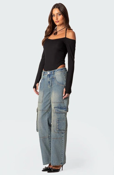 Edikted Model Off Duty Cold Shoulder Rib Bodysuit In Black