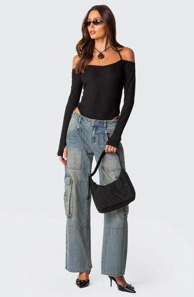 Edikted Model Off Duty Cold Shoulder Rib Bodysuit In Black