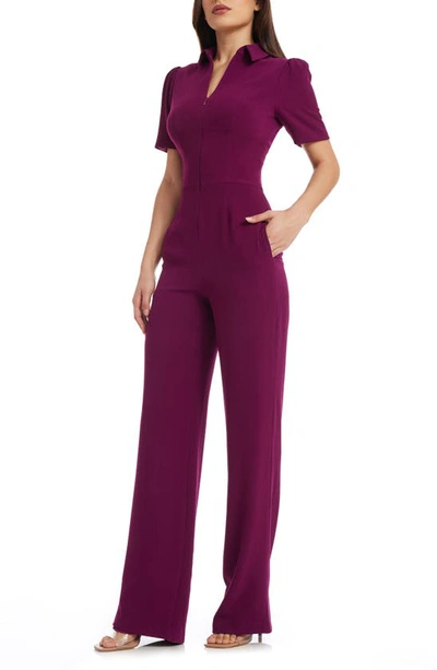Dress The Population Gloria Front Zip Jumpsuit In Dark Magenta