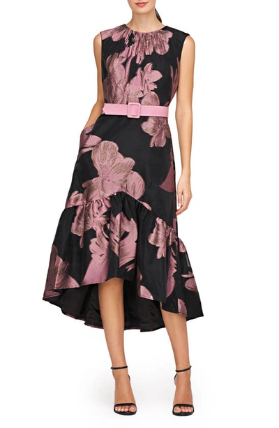 Shop Kay Unger Beatrix Belted Floral High-low Cocktail Dress In Black/ Primrose