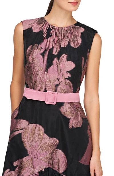 Shop Kay Unger Beatrix Belted Floral High-low Cocktail Dress In Black/ Primrose