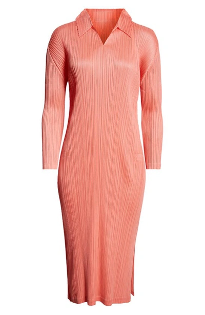 Shop Issey Miyake Pleats Please  Monthly Colors October Long Sleeve Pleated Midi Dress In Coral Pink