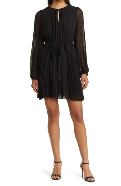 Shop Sam Edelman Long Sleeve Pleated Georgette Dress In Black