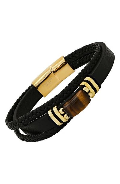 Hmy Jewelry 18k Gold Plated Tiger's Eye Layered Leather Bracelet In Gold/black/brown
