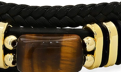 Hmy Jewelry 18k Gold Plated Tiger's Eye Layered Leather Bracelet In Gold/black/brown