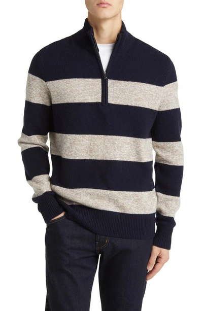Shop Brooks Brothers Stripe Raglan Sleeve Wool Half Zip Sweater In Ragg Stripe Navy Oat