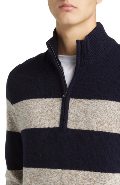 Shop Brooks Brothers Stripe Raglan Sleeve Wool Half Zip Sweater In Ragg Stripe Navy Oat