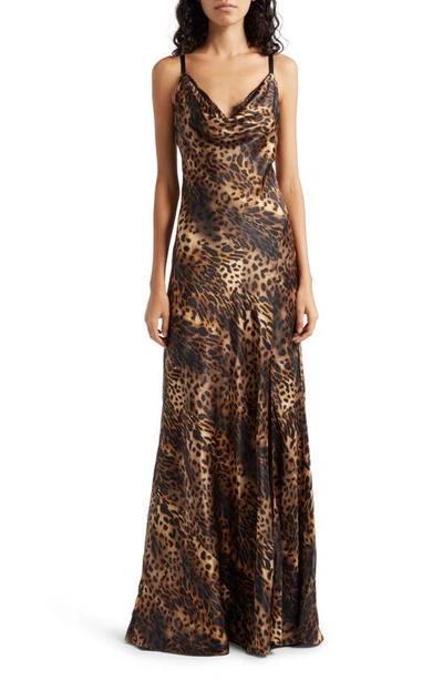 Shop L Agence Venice Animal Cowl Neck Silk Gown In Brown Multi Oil Leopard