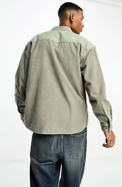 Shop Asos Design '90s Mix Media Corduroy Button-up Shirt In Khaki