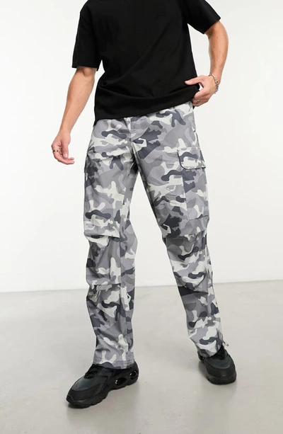 Shop Asos Design Camouflage Print Wide Leg Cargo Pants In Grey