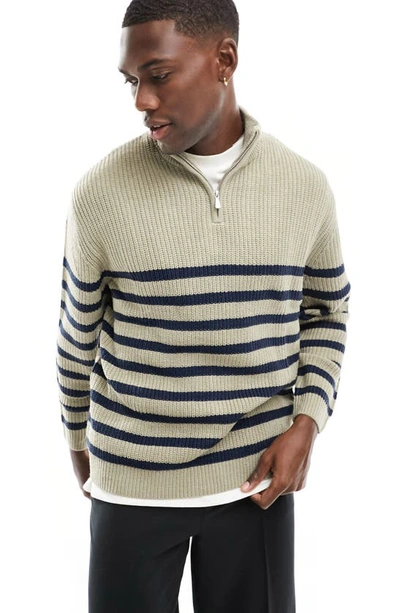 Shop Asos Design Oversize Fisherman Quarter Zip Sweater In Stone