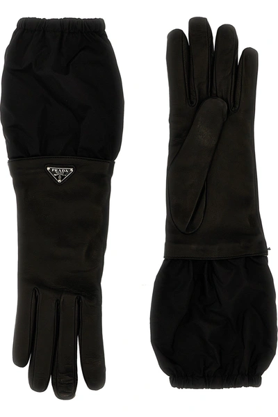 Shop Prada Women Logo Nylon Leather Gloves In Black