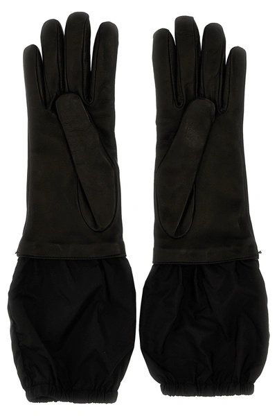 Shop Prada Women Logo Nylon Leather Gloves In Black
