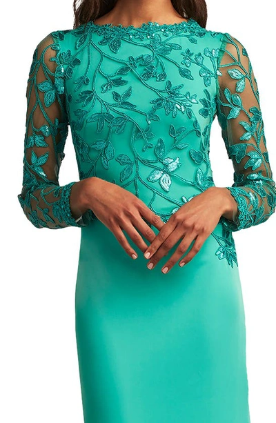 Shop Tadashi Shoji Sequin Lace Long Sleeve Crepe Gown In Caribbean