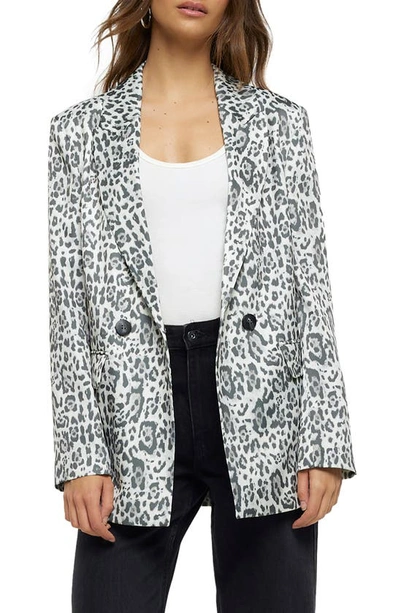 Shop River Island Leopard Print Double Breasted Blazer In Grey