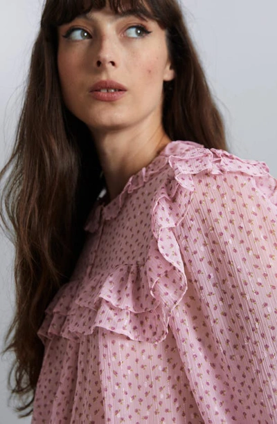Shop & Other Stories Metallic Floral Ruffle Button-up Top In Dusty Pink Tiny Flower Aop