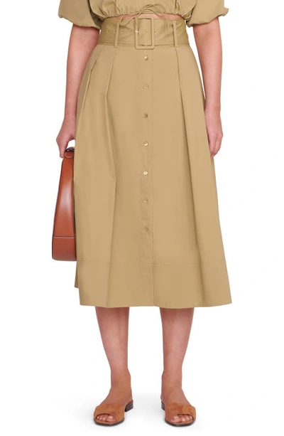 Shop Staud Kingsley A-line Belted Cotton Skirt In Khaki