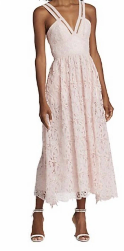 Shop Monique Lhuillier Lace Sleeveless V Neck Midi Dress In Rose Quartz In Pink