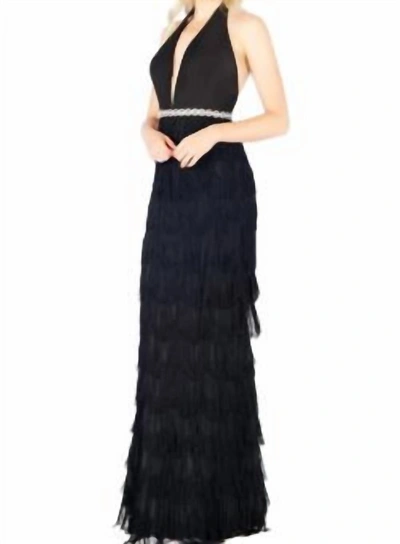 Shop Mac Duggal Halter With Fringe Skirt Gown In Black