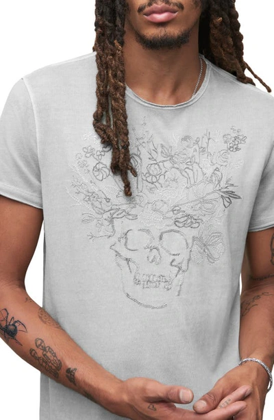 Shop John Varvatos Floral Skull Embroidered Raw Edge T-shirt In Ash