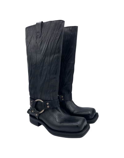 Acne Studios Embellished Crinkled-leather Knee Boots In Anthracite