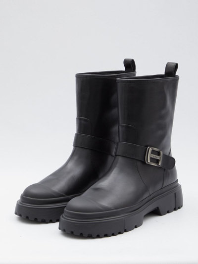 Hogan Black Black H619 Leather Biker Boots In Black