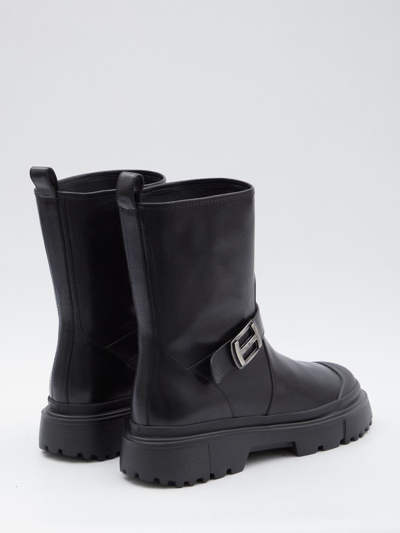 Hogan Black Black H619 Leather Biker Boots In Black