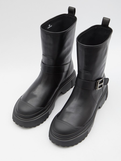 Hogan Black Black H619 Leather Biker Boots In Black