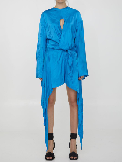 Attico Mini Silk Dress Asymmetrical Hem In Turquoise