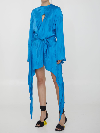 Attico Mini Silk Dress Asymmetrical Hem In Turquoise