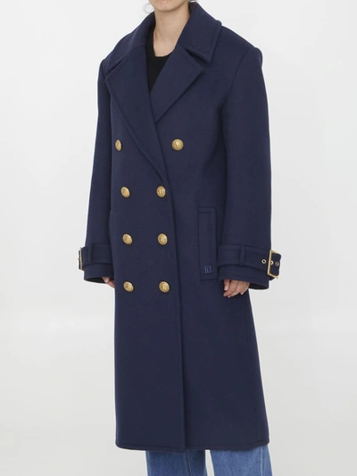Shop Balmain Oversized Double-breasted Coat In Blue
