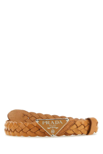 Shop Prada Triangle Logo Plaque Fringed Belt In Beige