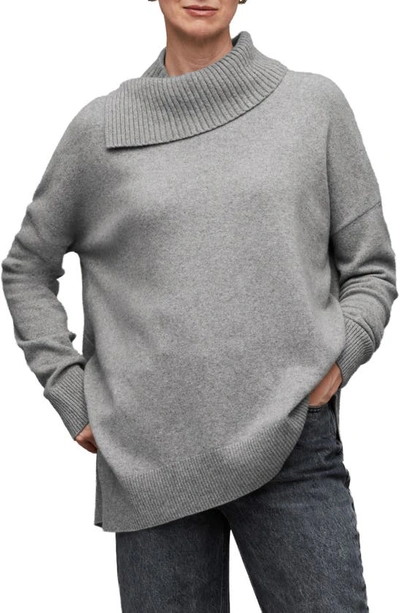 Shop Allsaints Whitby Cashere & Wool Asymmetric Turtleneck Sweater In Mid Grey Marl