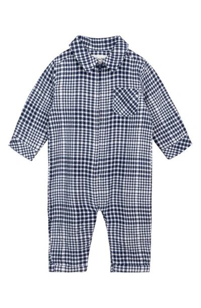 Shop Miles The Label Gingham Brushed Organic Cotton Flannel Romper In Navy
