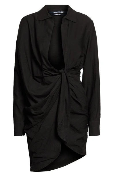 Shop Jacquemus La Robe Bahia Long Sleeve Sash Dress In 990 Black