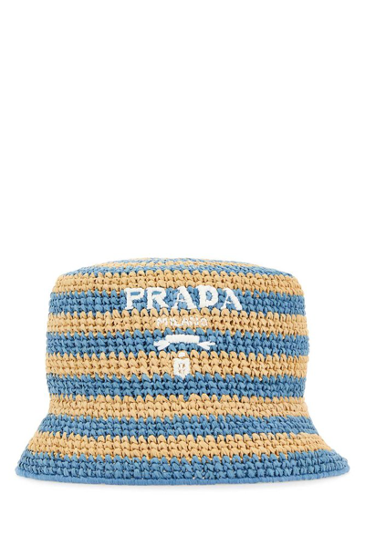 Shop Prada Logo Embroidered Crochet Bucket Hat In Blue