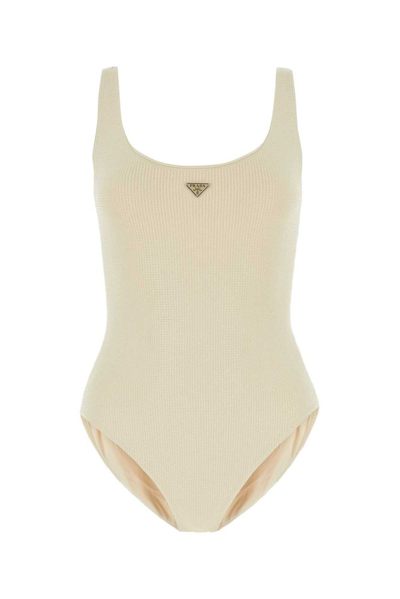 Shop Prada Logo Plaque Sleeveless Swimsuit In Beige