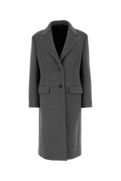 Shop Prada Buttoned Coat In Grey