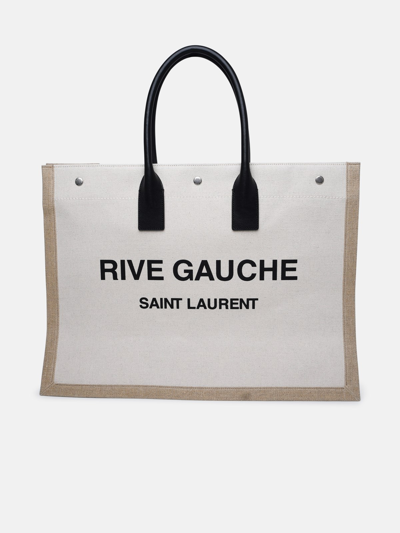 Shop Saint Laurent 'rive Gauche' Large Beige Linen Bag In Nude