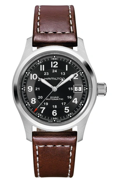 Shop Hamilton Khaki Field Automatic Leather Strap Watch, 38mm In Brown/black/silver