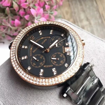 Pre-owned Michael Kors Mk5885 Parker Chronograph Rose Gold Bezel Black Ladies Wrist Watch