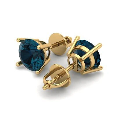 Pre-owned Pucci 4.0ct Round Cut Solitaire Classic Stud Royal Blue Topaz Earrings 14k Yellow Gold