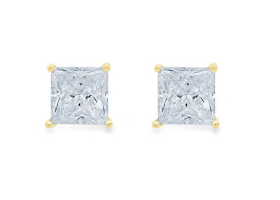 Pre-owned Pucci 3 Princess Cut Solitaire Classic Aquamarine Earrings 14k Yellow Gold Push Back
